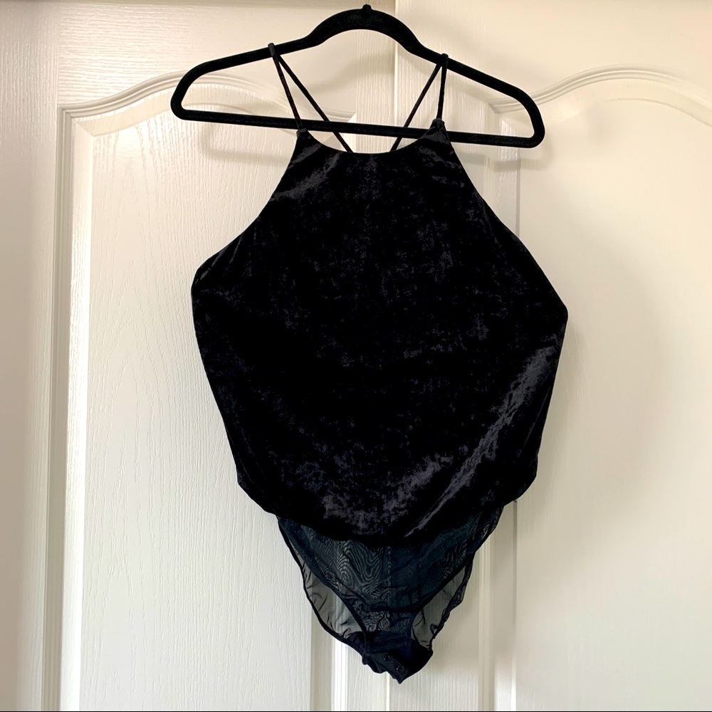 Saki Silver Black Velvet Velour Bodysuit with Mesh Bottom